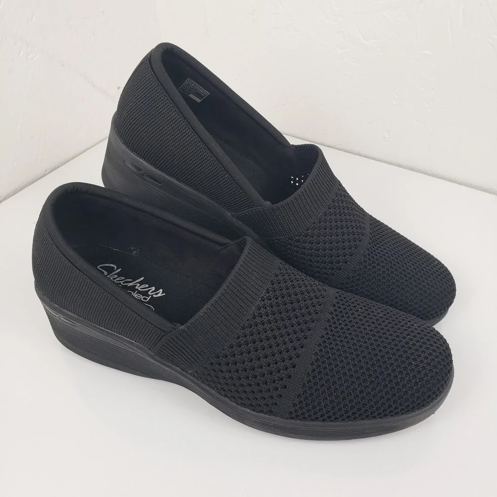 Skechers Women's 11 Pier Lite‎ Wow Factor Black Knit Wedge Slip On Sneaker Shoes